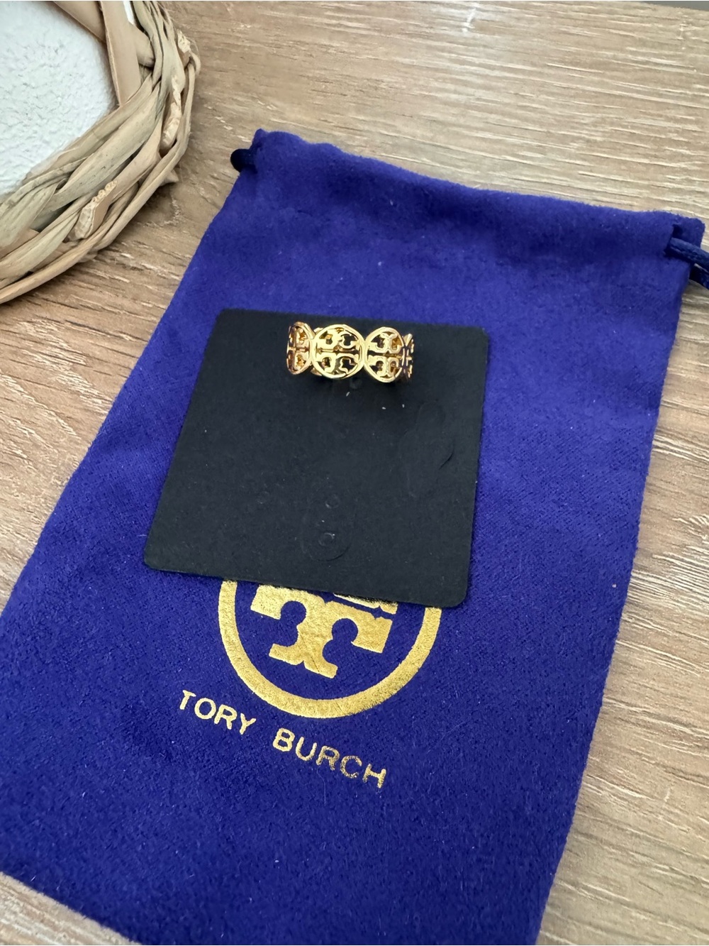 New - Tory Burch Gold Cutout Logo Band Ring, Size 6